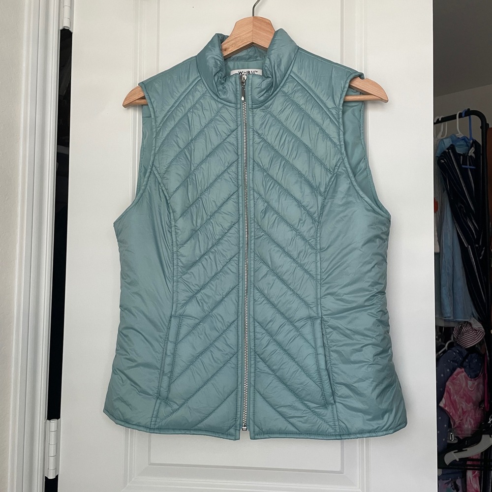 WHBM Quilted Puffer Vest Women's Medium Teal Blue Zip Up Winter Hiking Trips